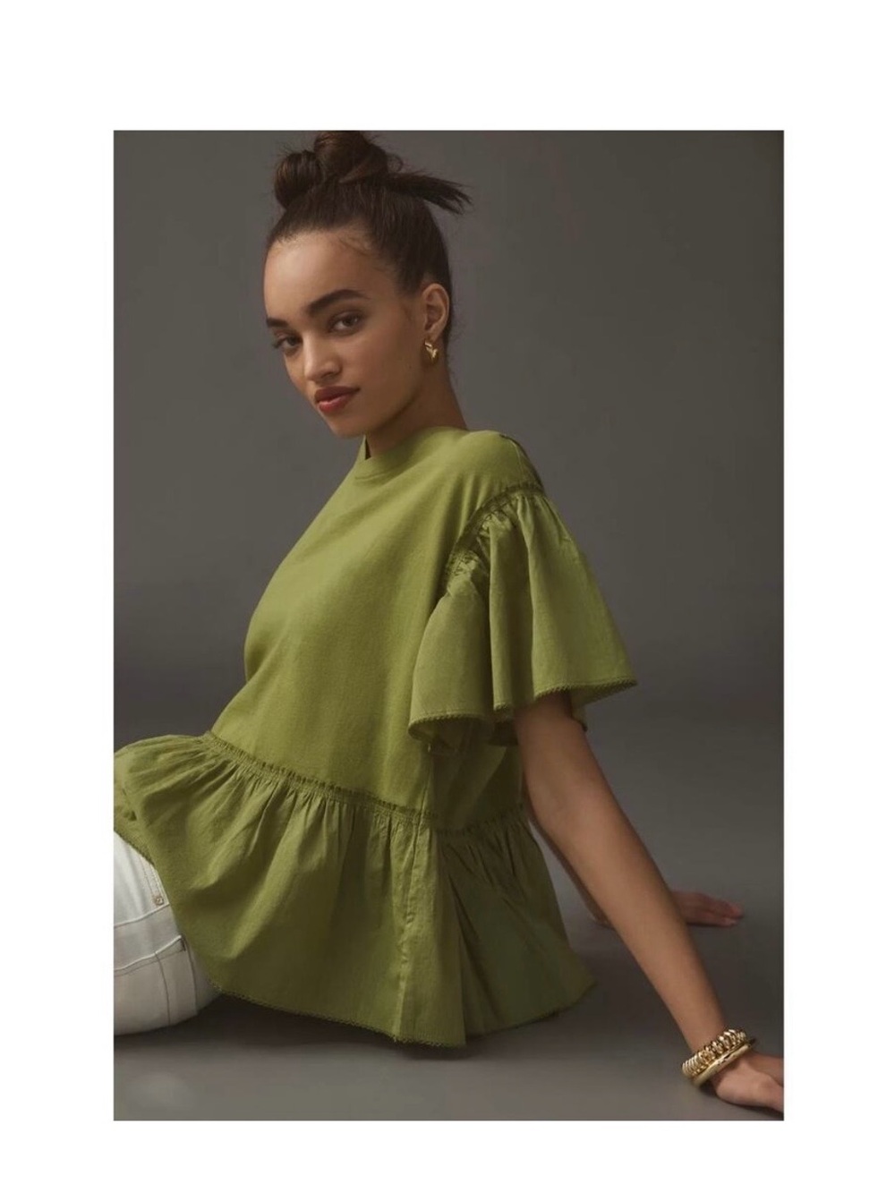 Anthropologie Olive Peplum Flutter-Sleeve Top